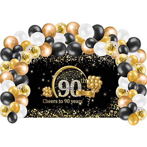 6 x 90th Birthday Balloons Black & Gold Party Decorations Age 90 Latex Balloons